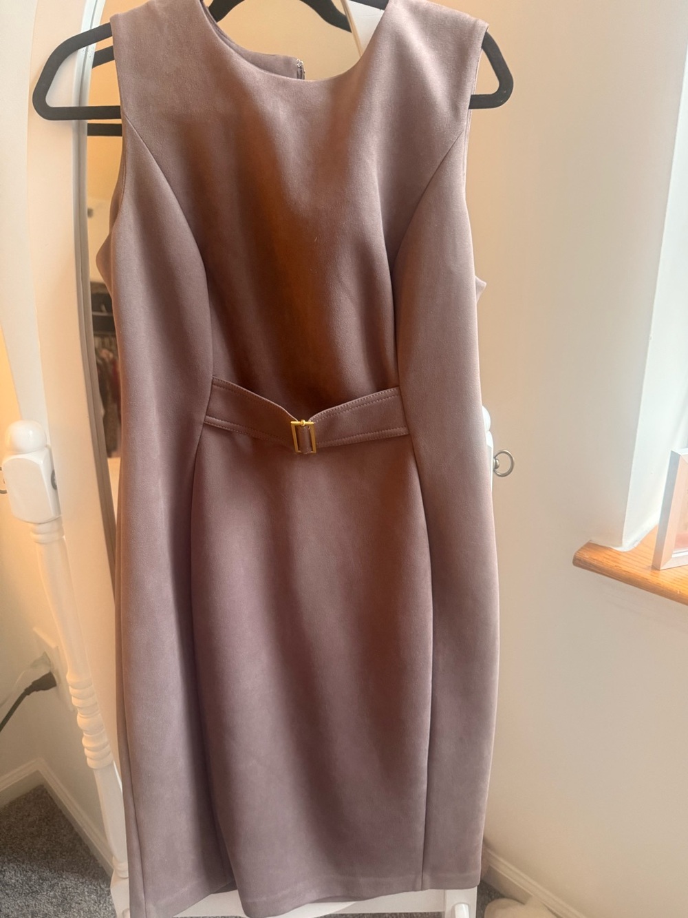 Calvin Klein Sleeveless Mauve-Taupe Belted Sheath Dress
